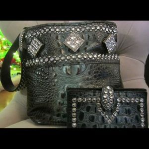RAVIANI BROWN AND TURQUOISE CROC PURSE & WALLET